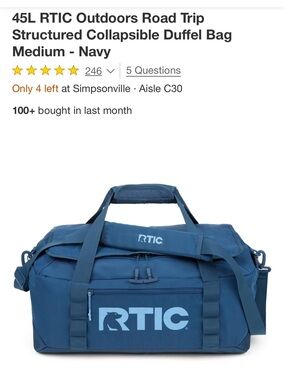 45L RTIC Outdoors Road Trip Structured Collapsible Duffel Bag Medium - Navy NWOT